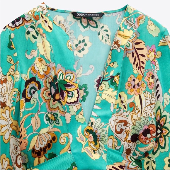 ZARA Boho Floral Kimono Oversized Blouse Top Robe Shirt Turquoise Tie Up Bow XL - Picture 5 of 16